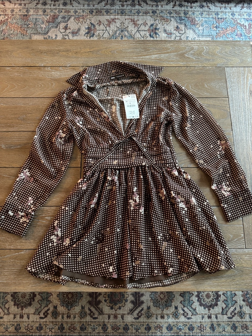 Zara Brown Floral Long-Sleeve Mini Dress with Purple